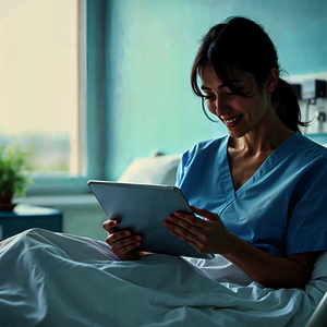 Frau nutzt das digitale Infotainment auf dem iPad in ihrem Krankenhausbett